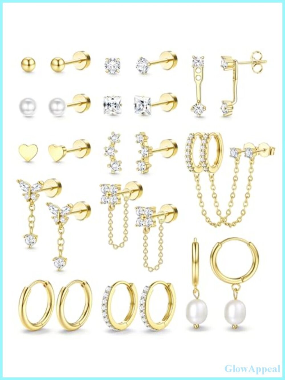 Hypoallergenic Flat Back Stud Earring Set 13 Pairs Surgical Steel 14K Gold